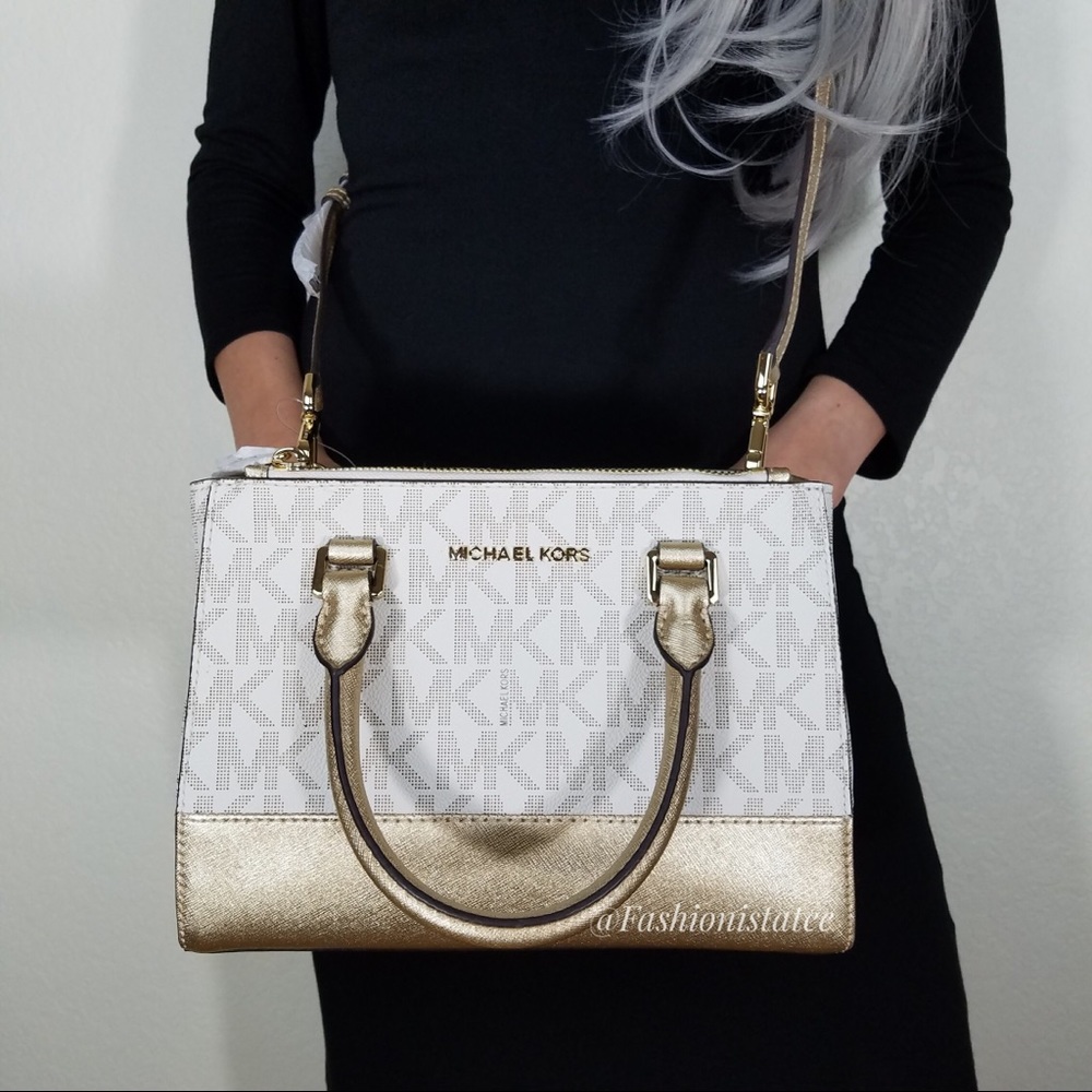 NWT MICHAEL KORS KELLEN SATCHEL CROSSBODY GOLD BAG - Picture 2 of 8